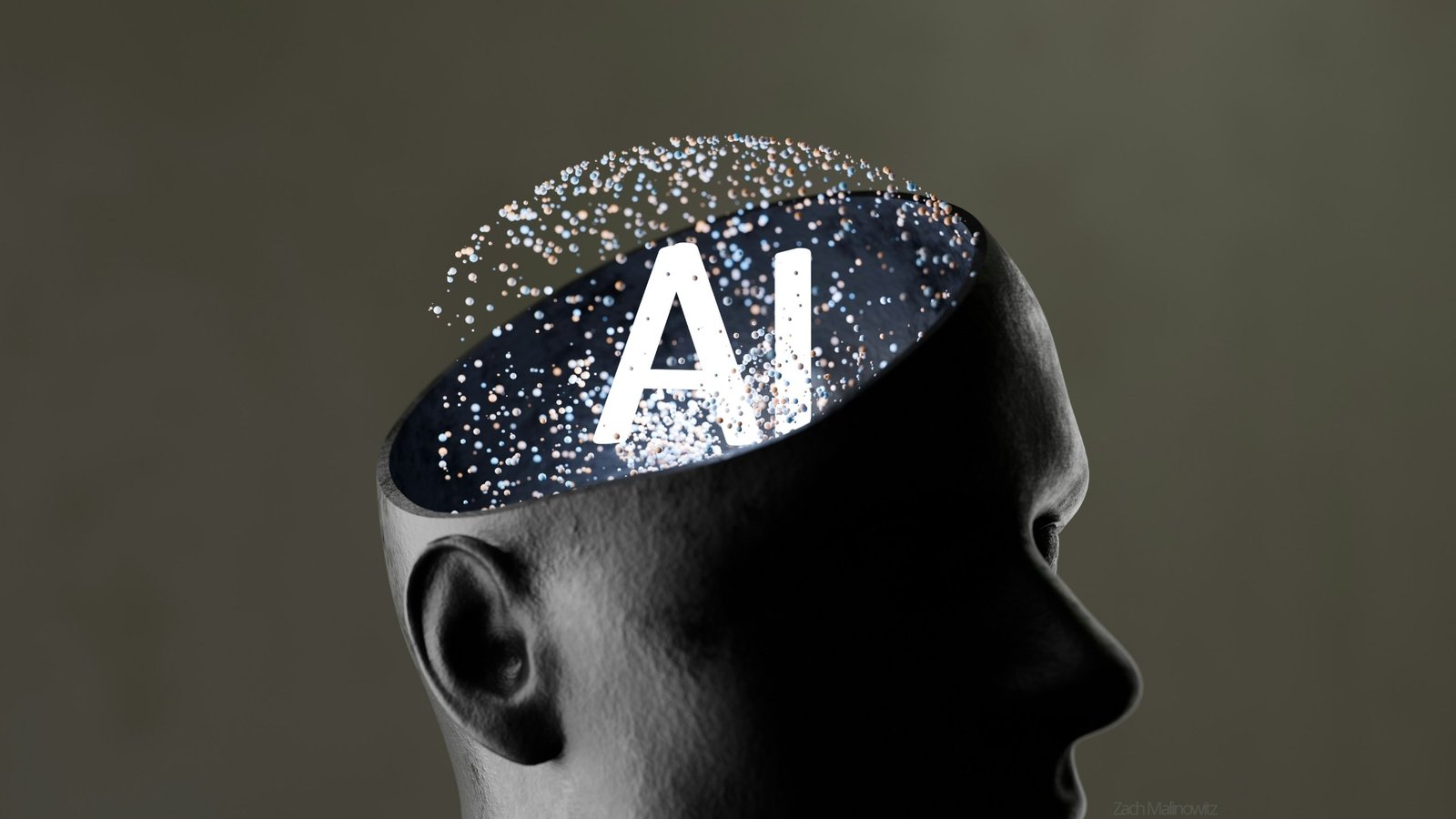 Illustration of a head with the top open and the letters AI glowing inside among floating particles.
