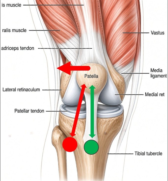Alignment. When the tibial tubercle sits toward the outside (red), the patellar tendon pulls the kneecap outward. Moving the tubercle to the green position lines the kneecap up with the quadriceps.
